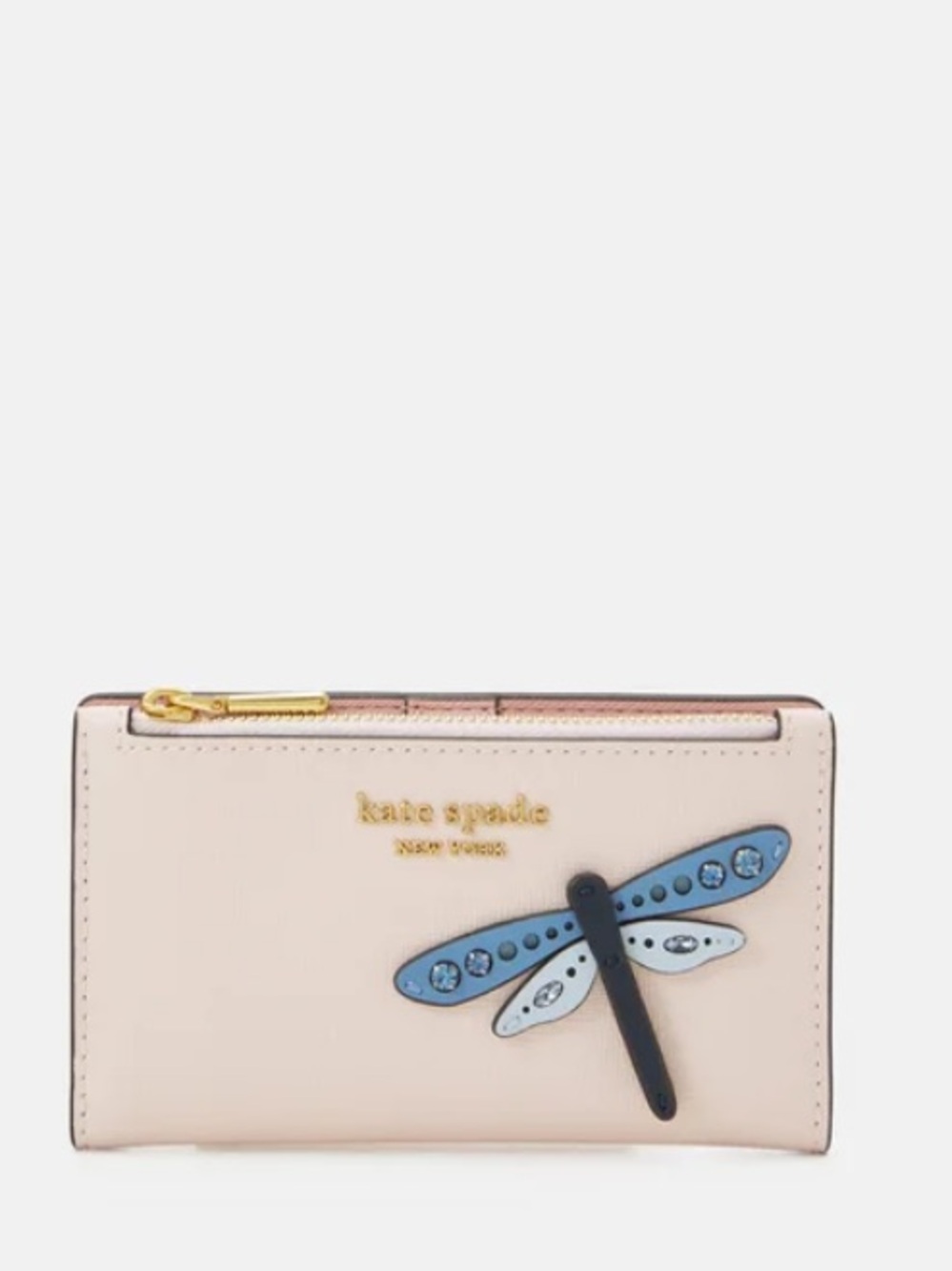 kate spade pale pink wallet with blue dragonfly applique